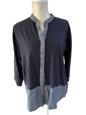 Gap Womens Button-Up Two-Tone Navy & Chambray Shirt With 3/4 Sleeves Size L